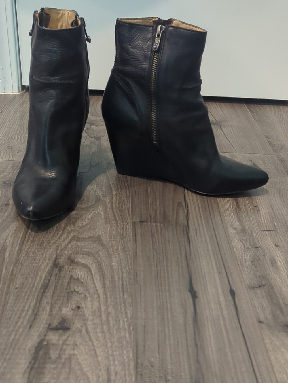 Frye Black Leather Wedge Ankle Boots with Side Zip